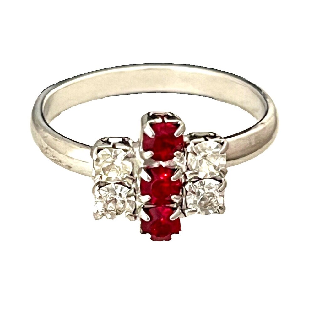Vintage 1960s Costume Ring Silver Tone Rhinestones Mid Century Modern - 4J